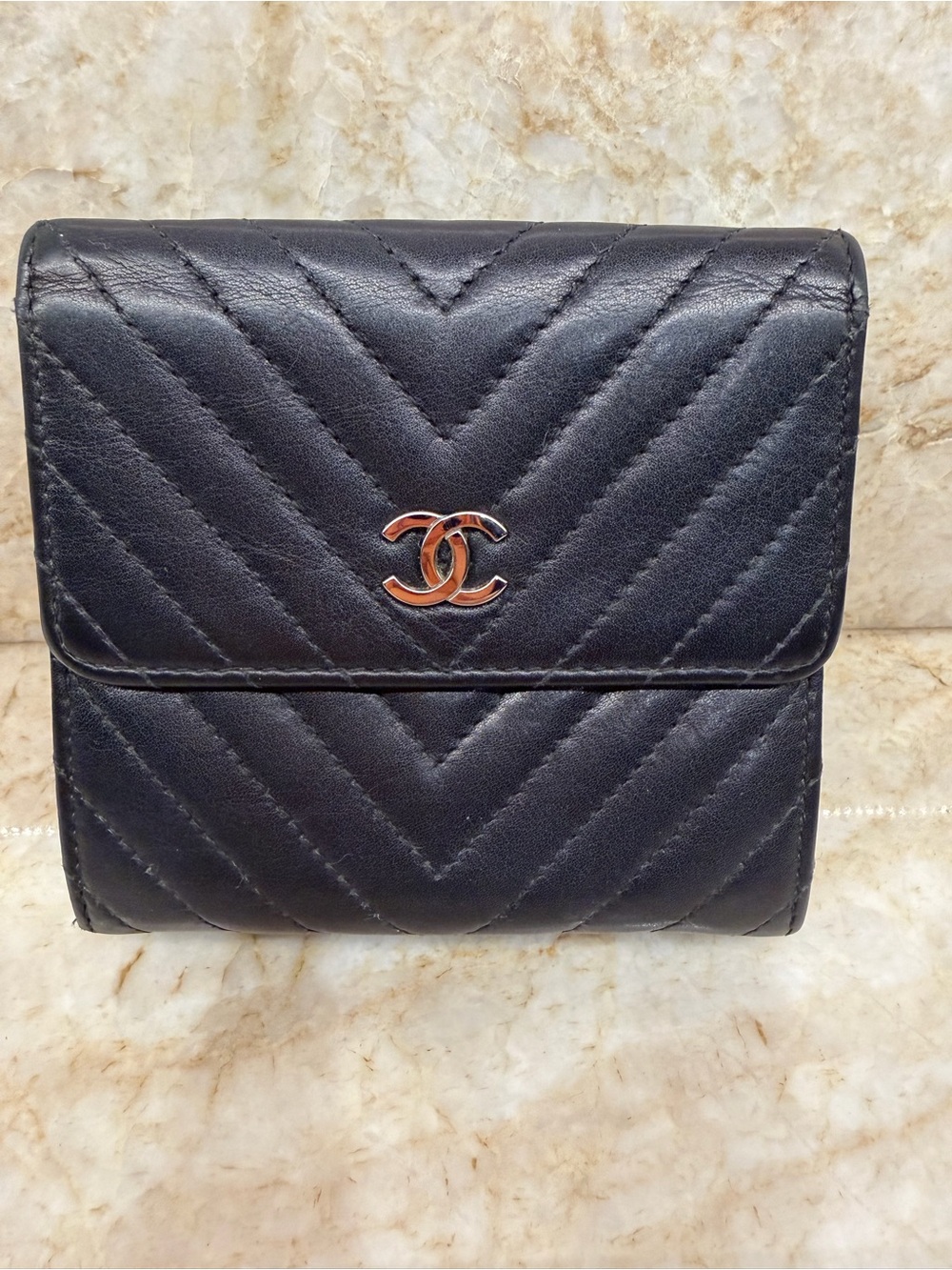 CHANEL Black Chevron Quilted Wallet with Gold CC Emblem